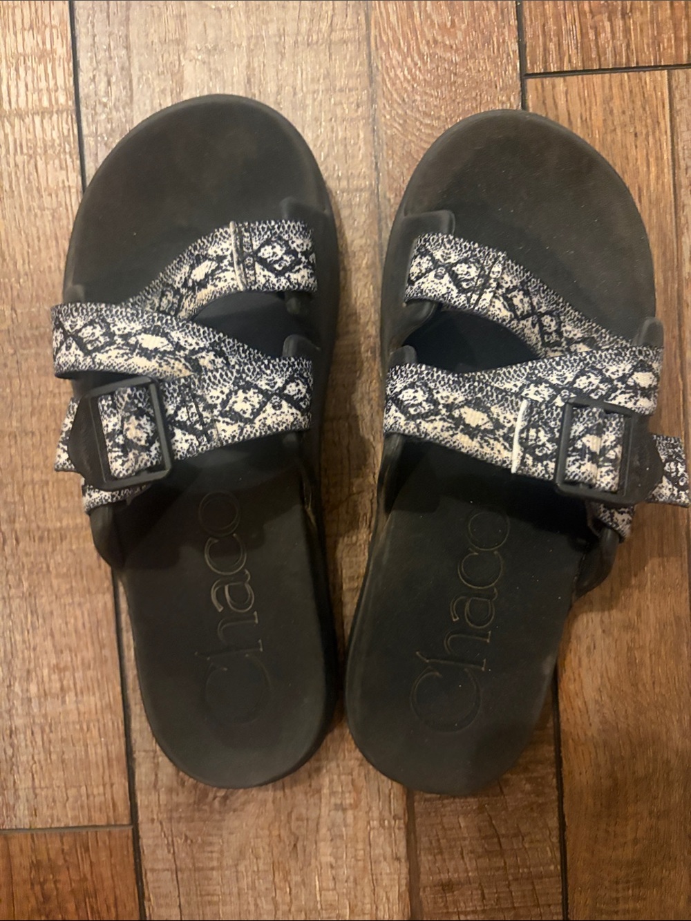 Chaco Black Sandals with Black-and-White Patterned Straps